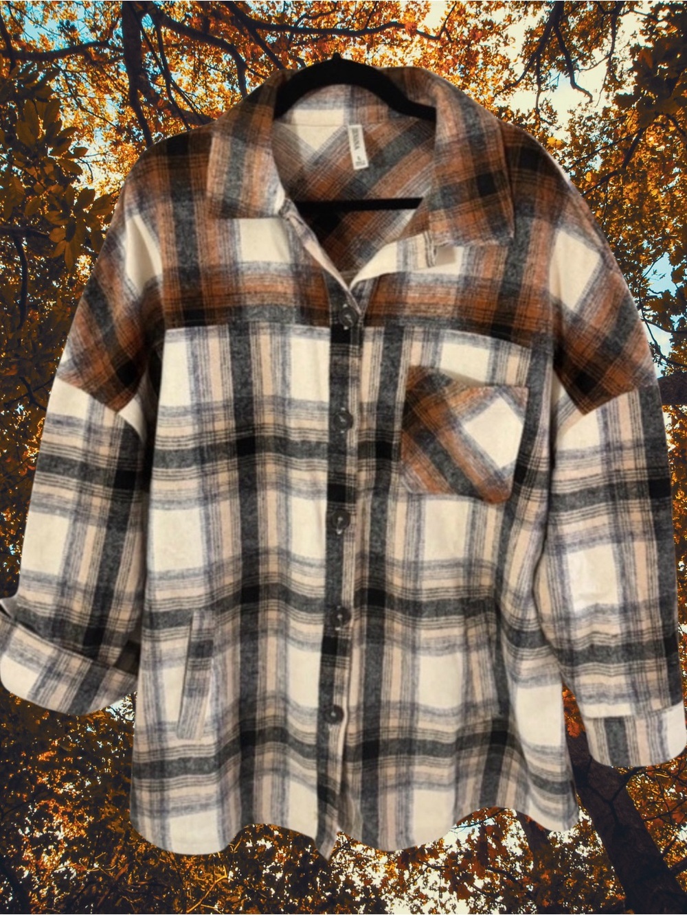 Zenana Plaid Shacket Women’s Large Cream Black Brown Oversized Button Front